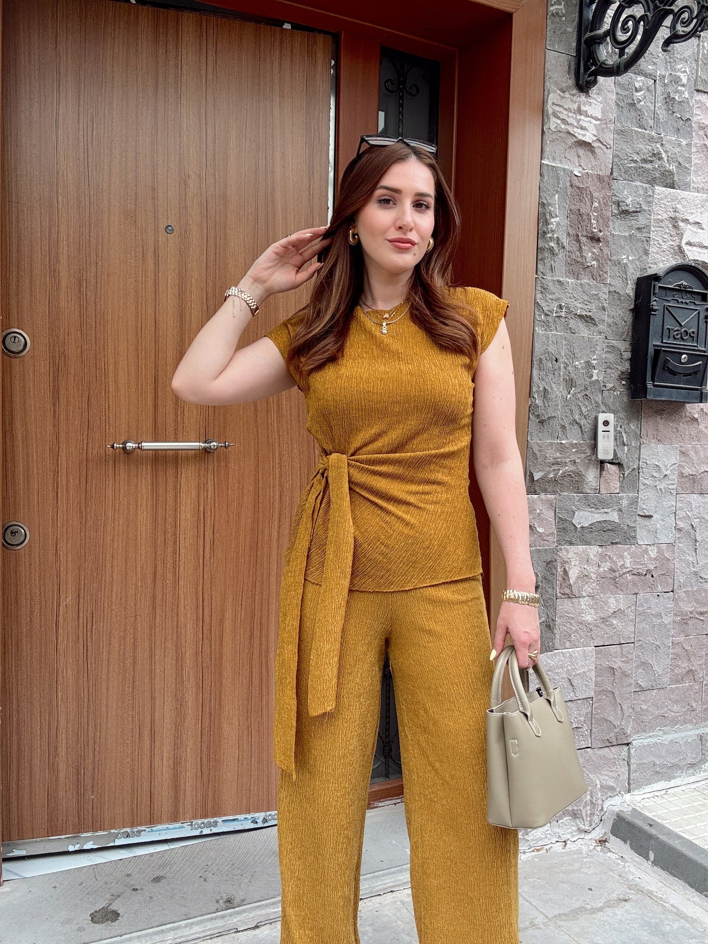Bağlama detaylı bluz pantolon ikili takım HARDAL