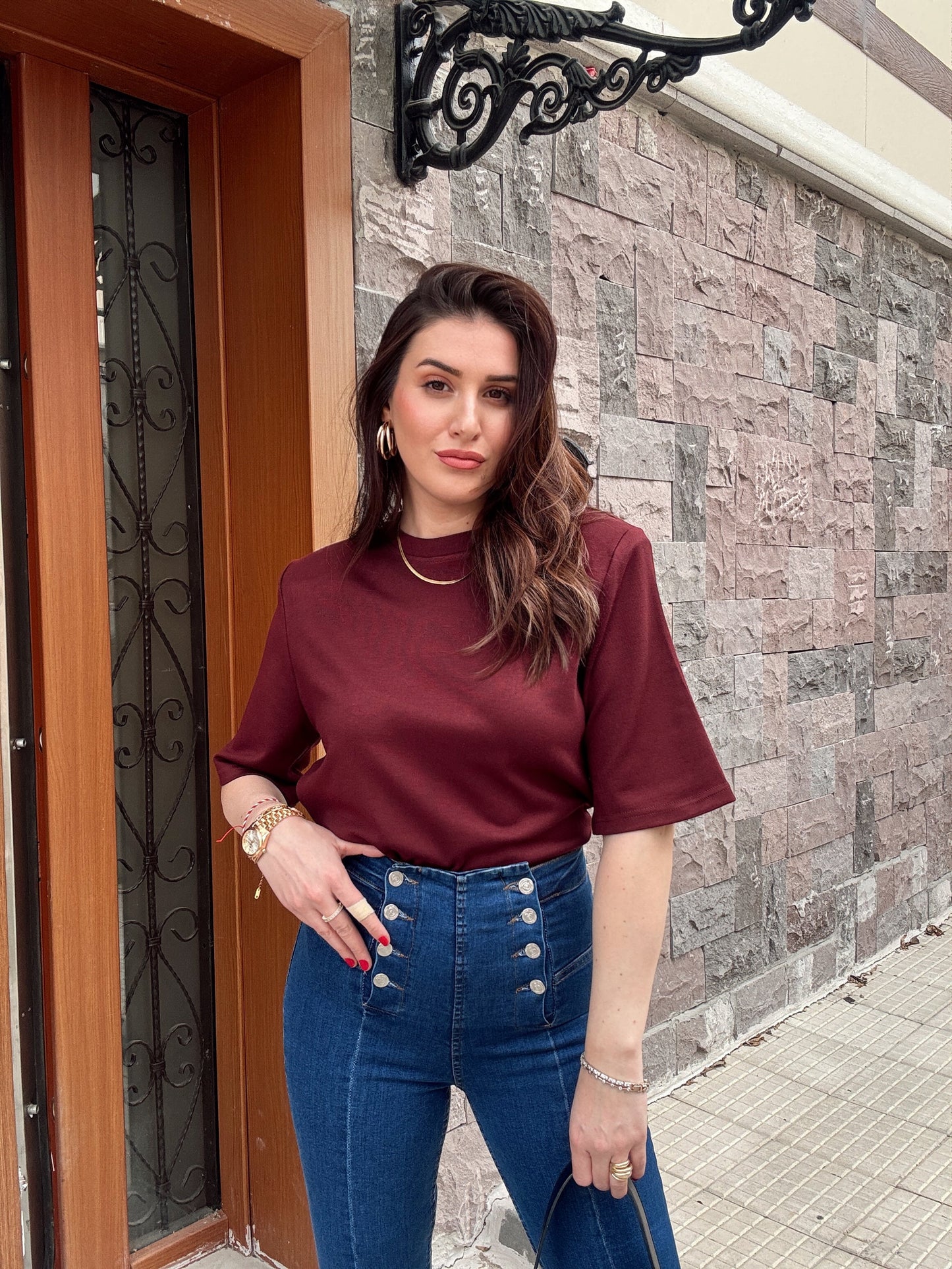 Vatkalı Pamuklu Basic Tişört Bordo