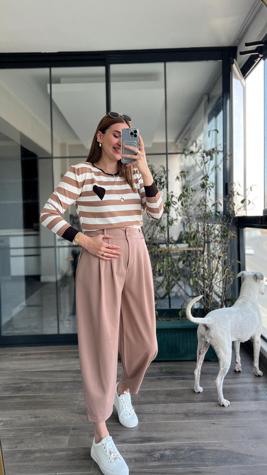 Çizgili Kalpli Triko Kazak KLS1027 KAHVE