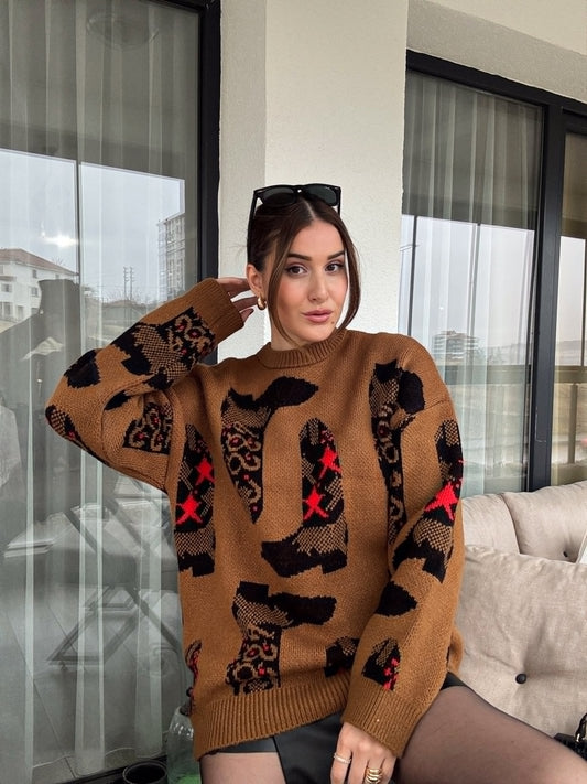 Çizme Desenli Kazak - KAHVERENGİ