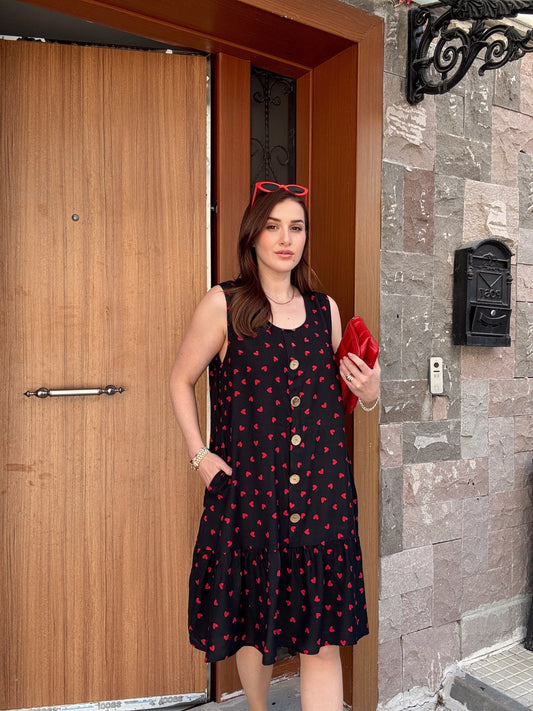 Düğmeli sıfır kol kalpli elbise SİYAH