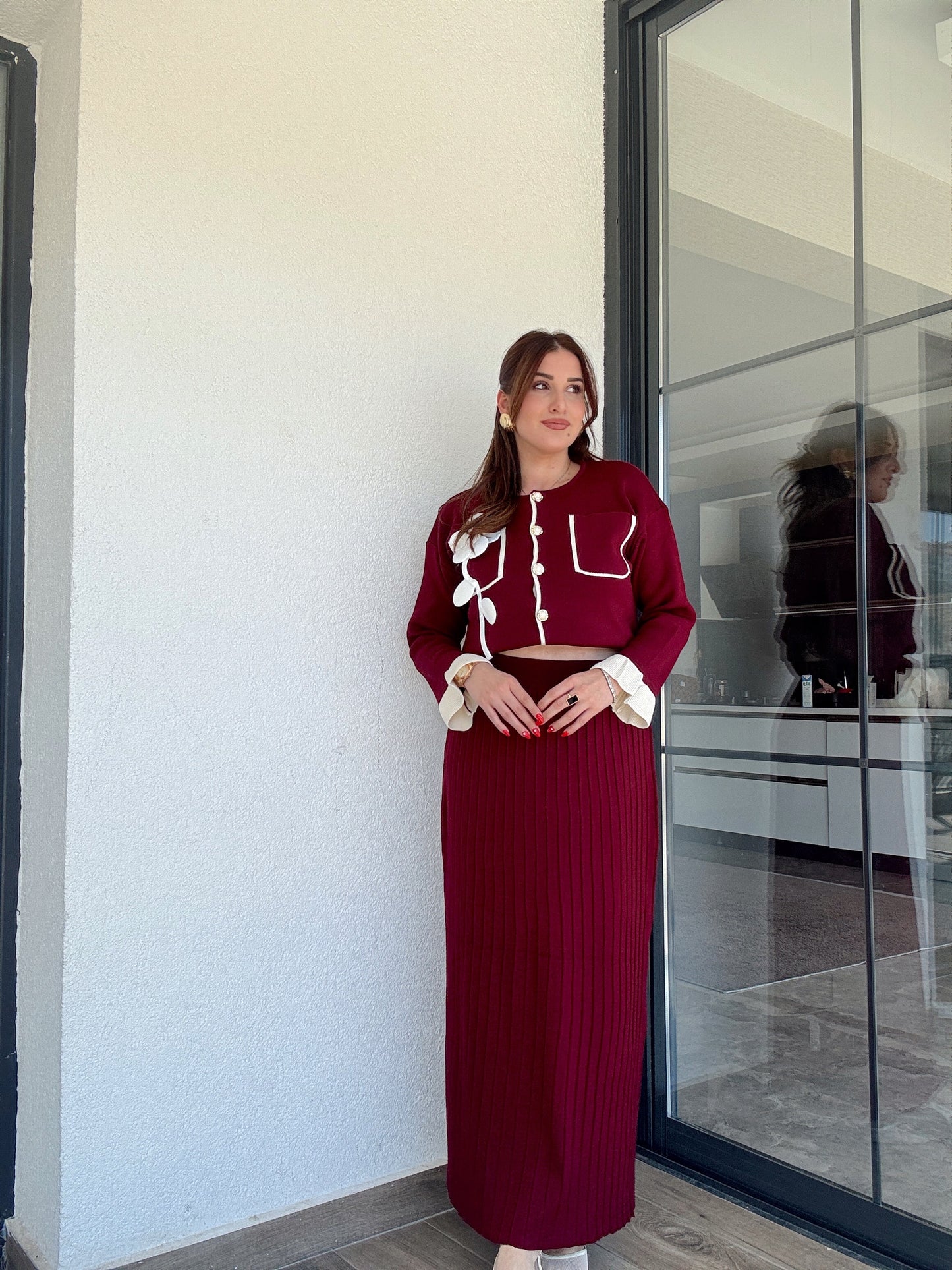 Florya etekli ikili triko takım bordo