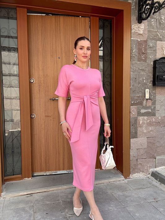 Bel bağlama detay modal kumaş elbise PEMBE