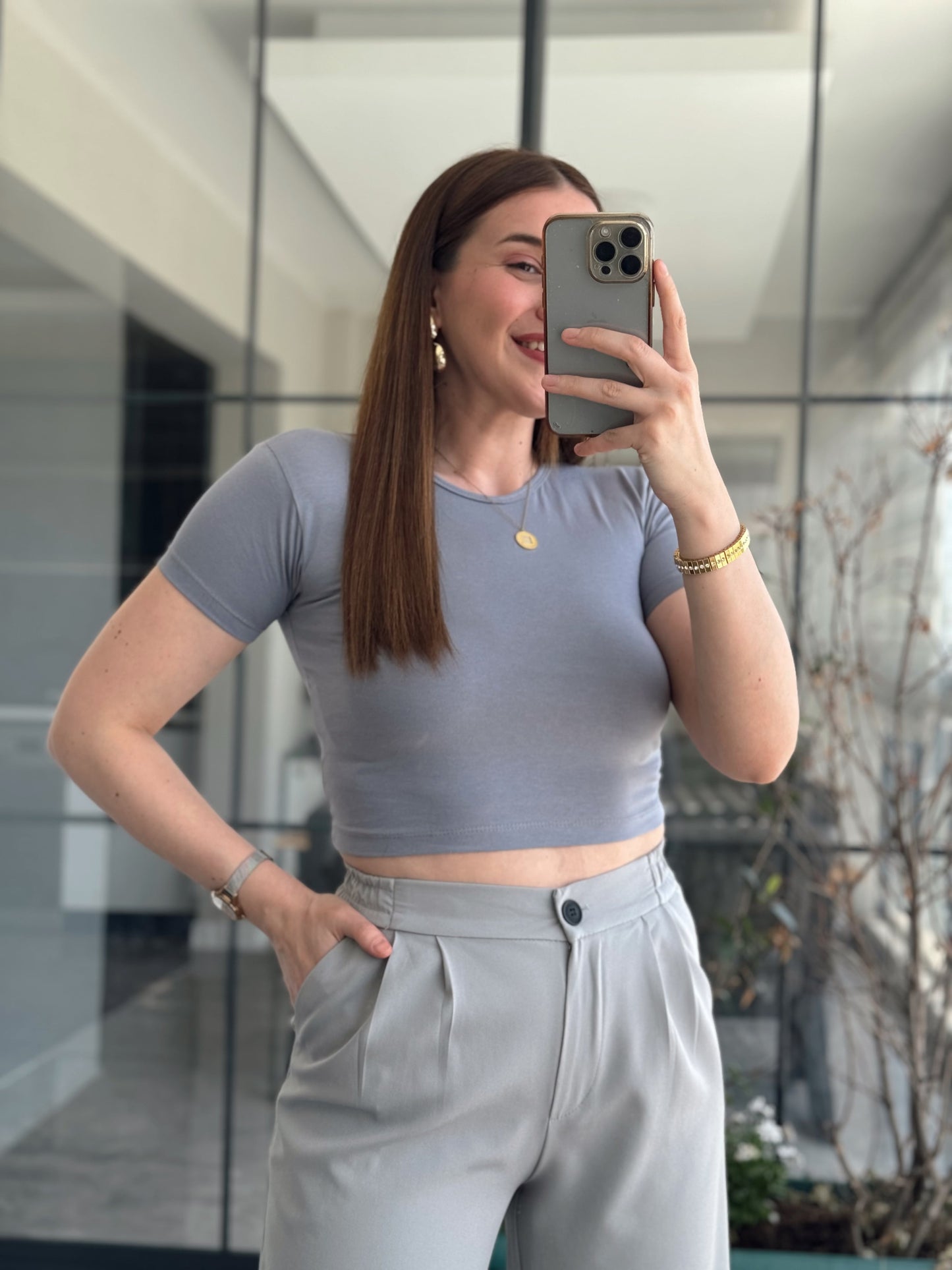 Pamuklu Crop Tişört - GRİ