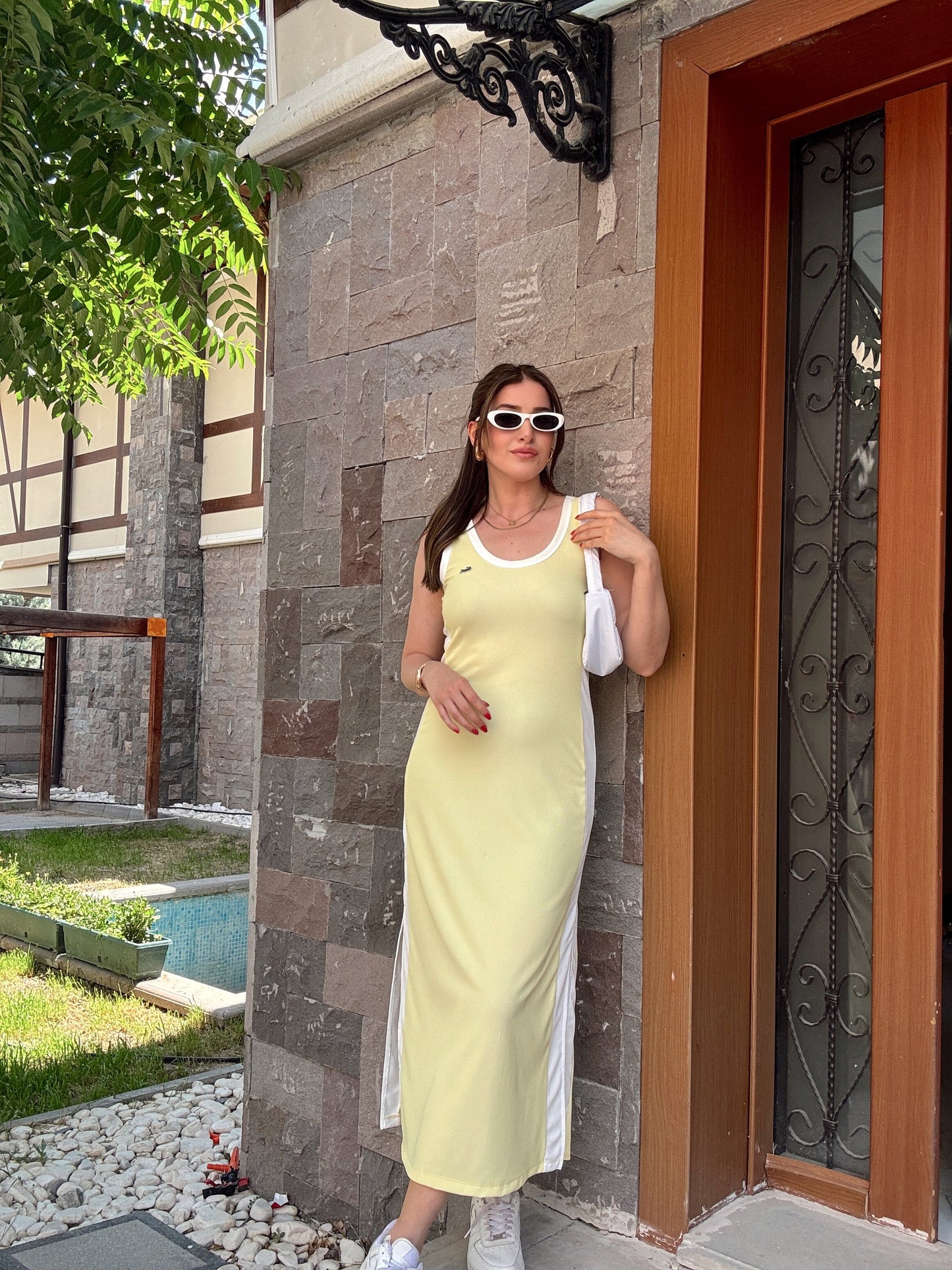 Delone fitilli kumaş askılı elbise SARI