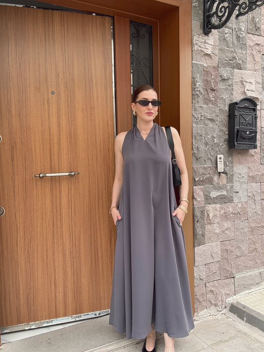 Sırt Dekolte Tensel Elbise Antrasit