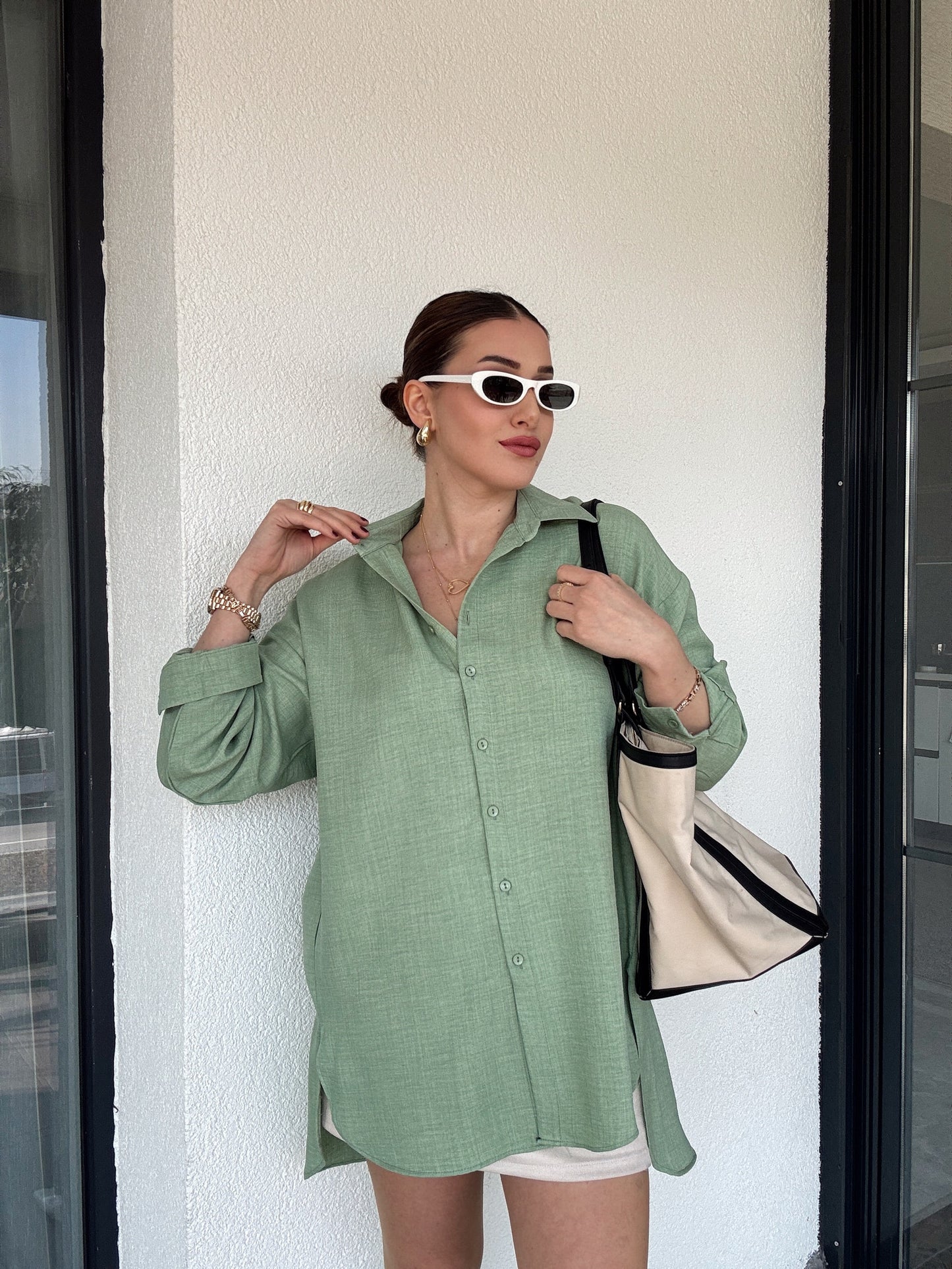 Arka Çift Pens Oversize Keten Gömlek YEŞİL