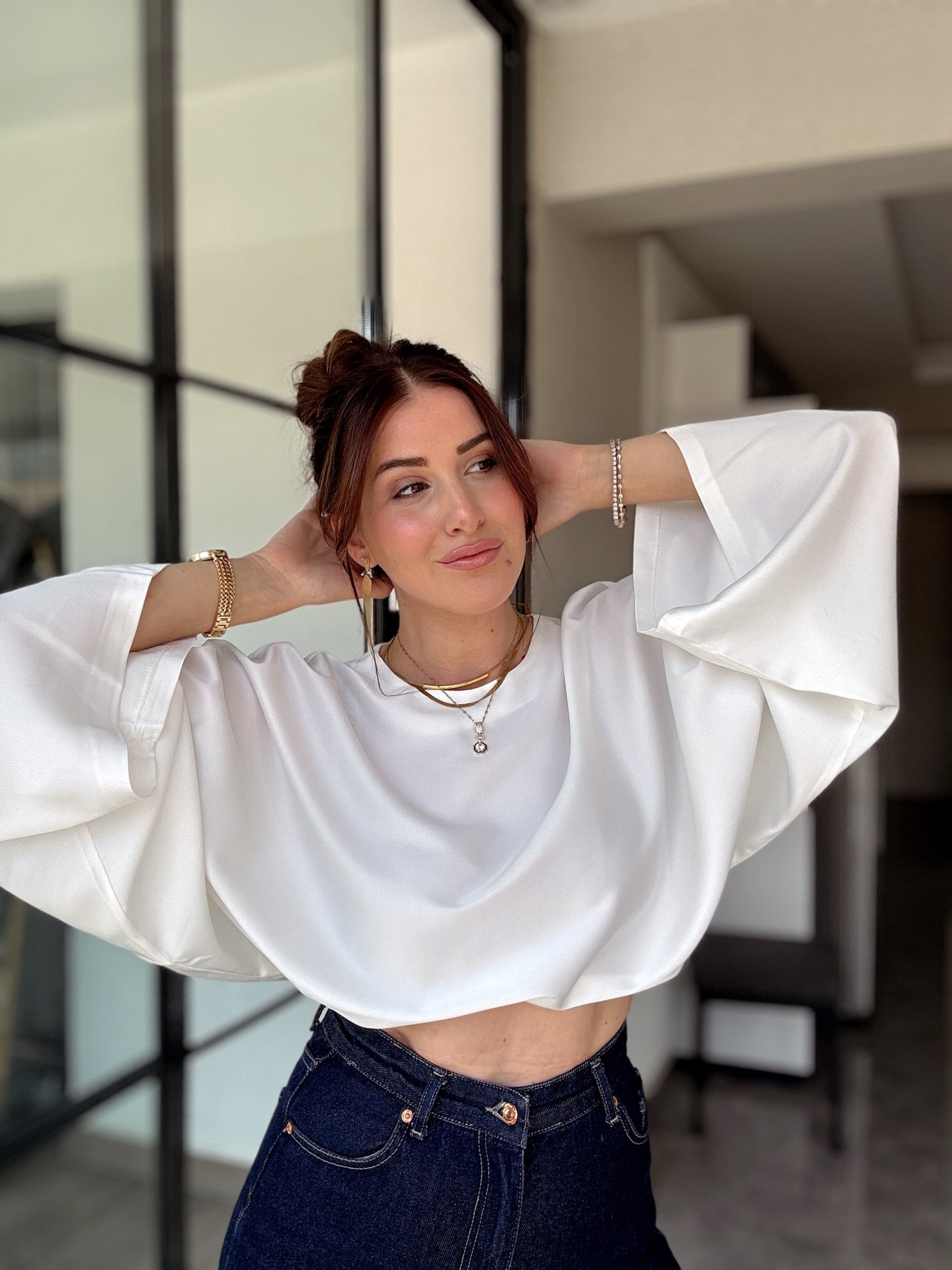 Yarasa kol saten bluz Beyaz