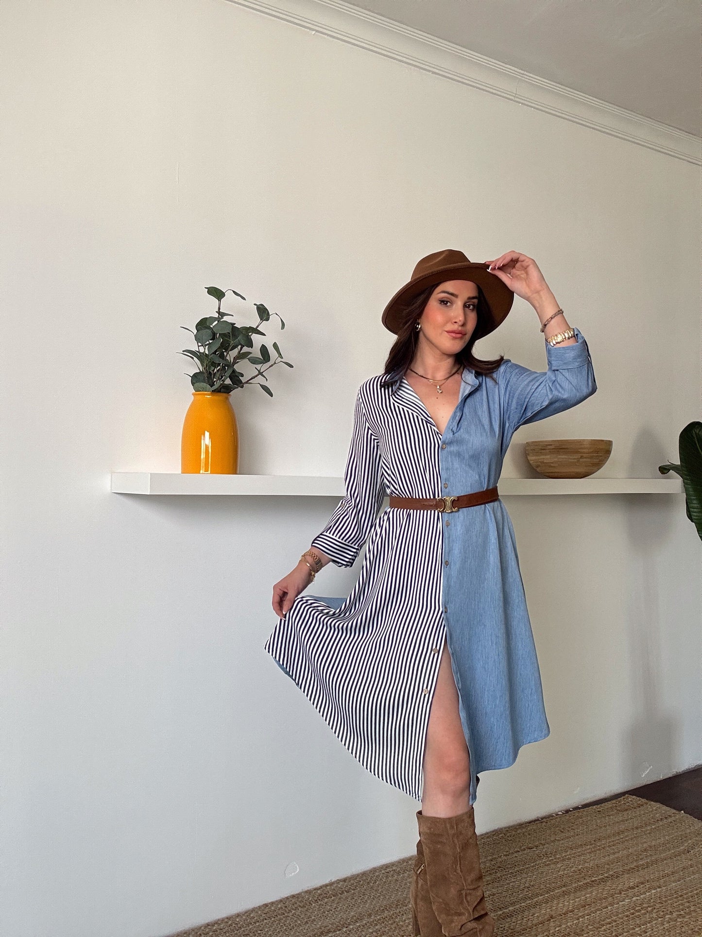 Çizgili tensel denim görünümlü elbise AÇIK MAVİ