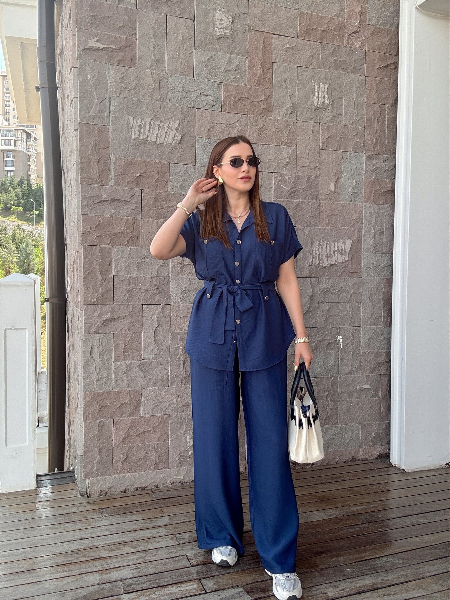Kuşak detaylı İkili Takım Lacivert