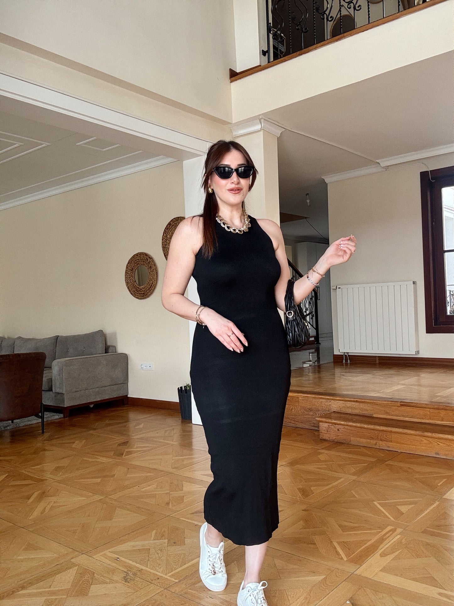 Kolsuz Triko elbise Siyah