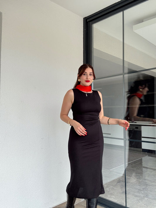 Drape detaylı midi elbise SİYAH