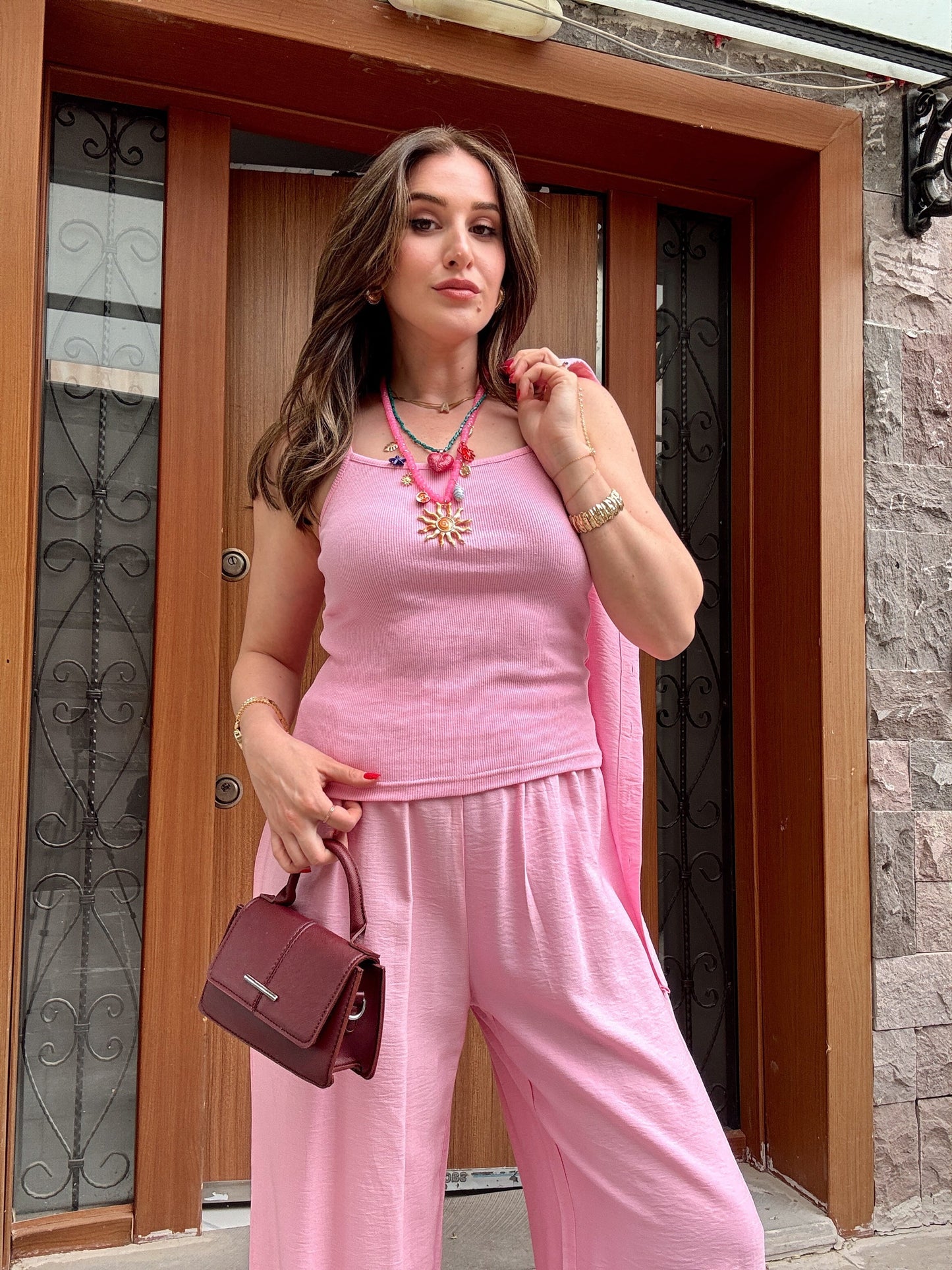 3 Parça Keten Takım Pembe