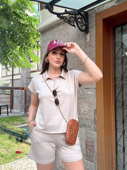Polo yaka Modal Kumaş Şortlu Takım TAŞ