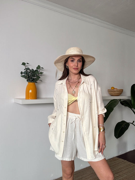 DİANA taş detaylı KETEN gömlek BEJ