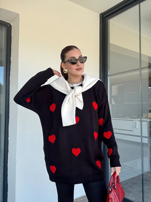 Kalp İşleme Triko Kazak - SİYAH