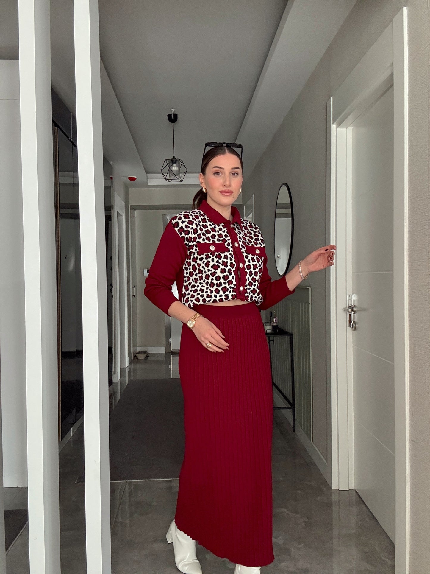 Leopar Desen Etekli Takım - BORDO