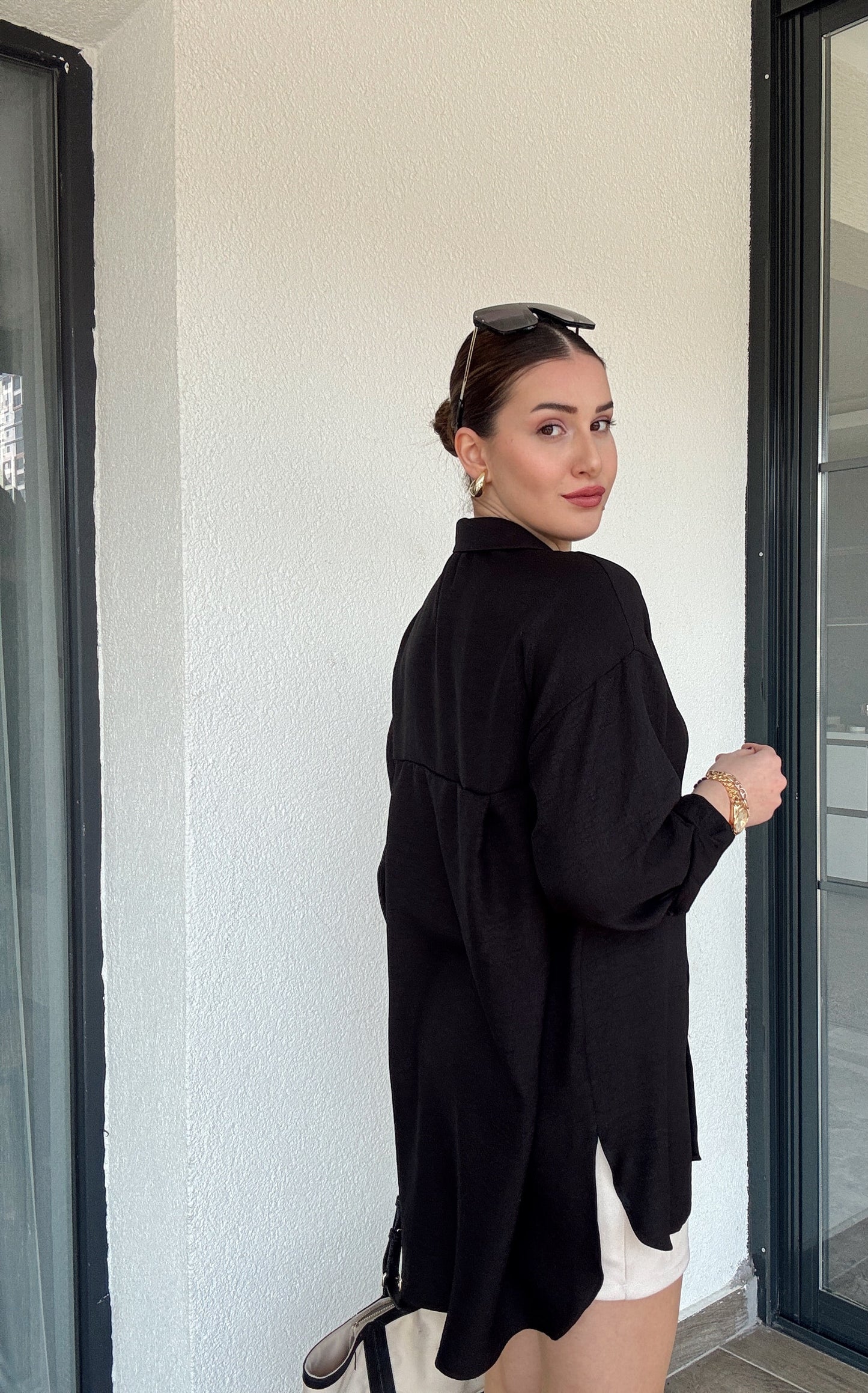 Arka Çift Pens Oversize Keten Gömlek SİYAH