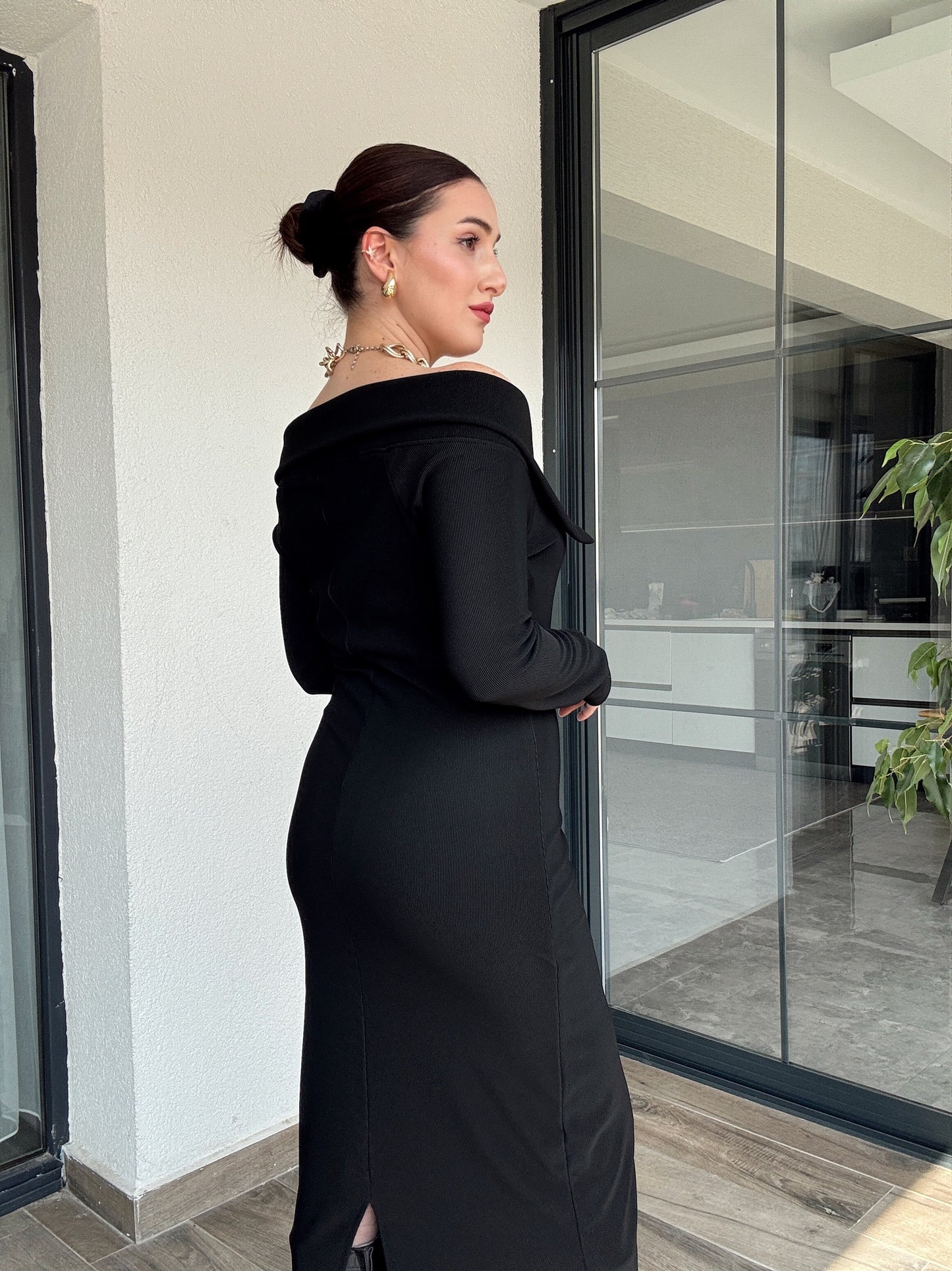 Madonna Yaka Ottoman Elbise - SİYAH