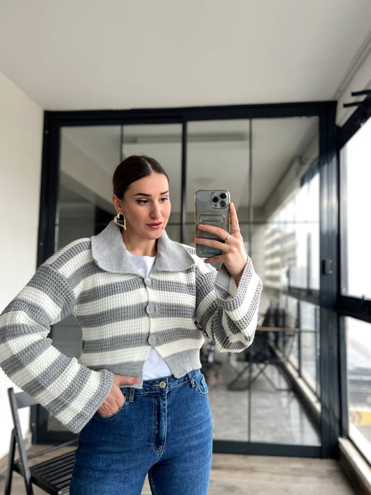 Şal Yaka Triko Hırka - GRİ