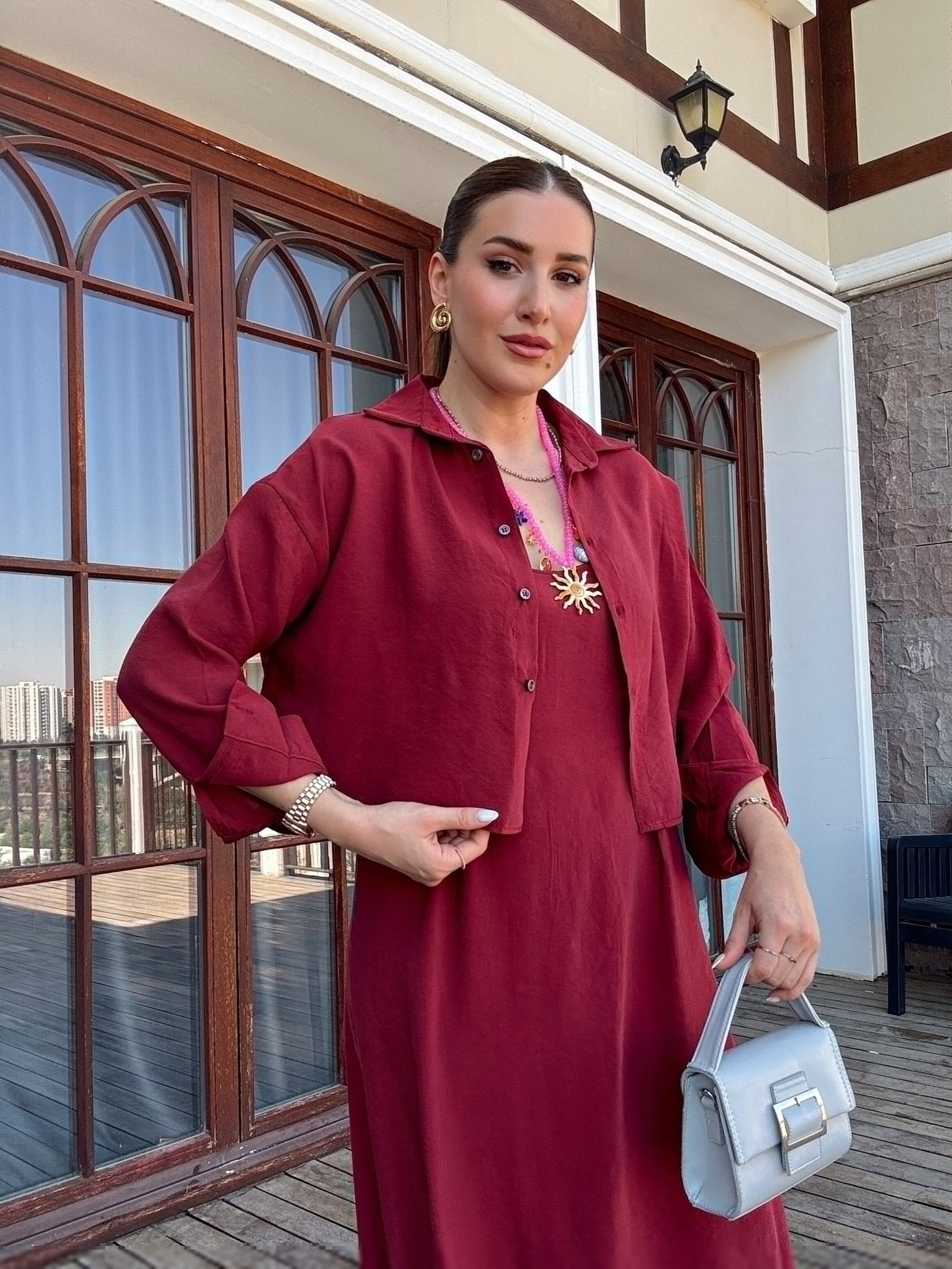 LİZBON gömlek elbiseli ikili takım BORDO