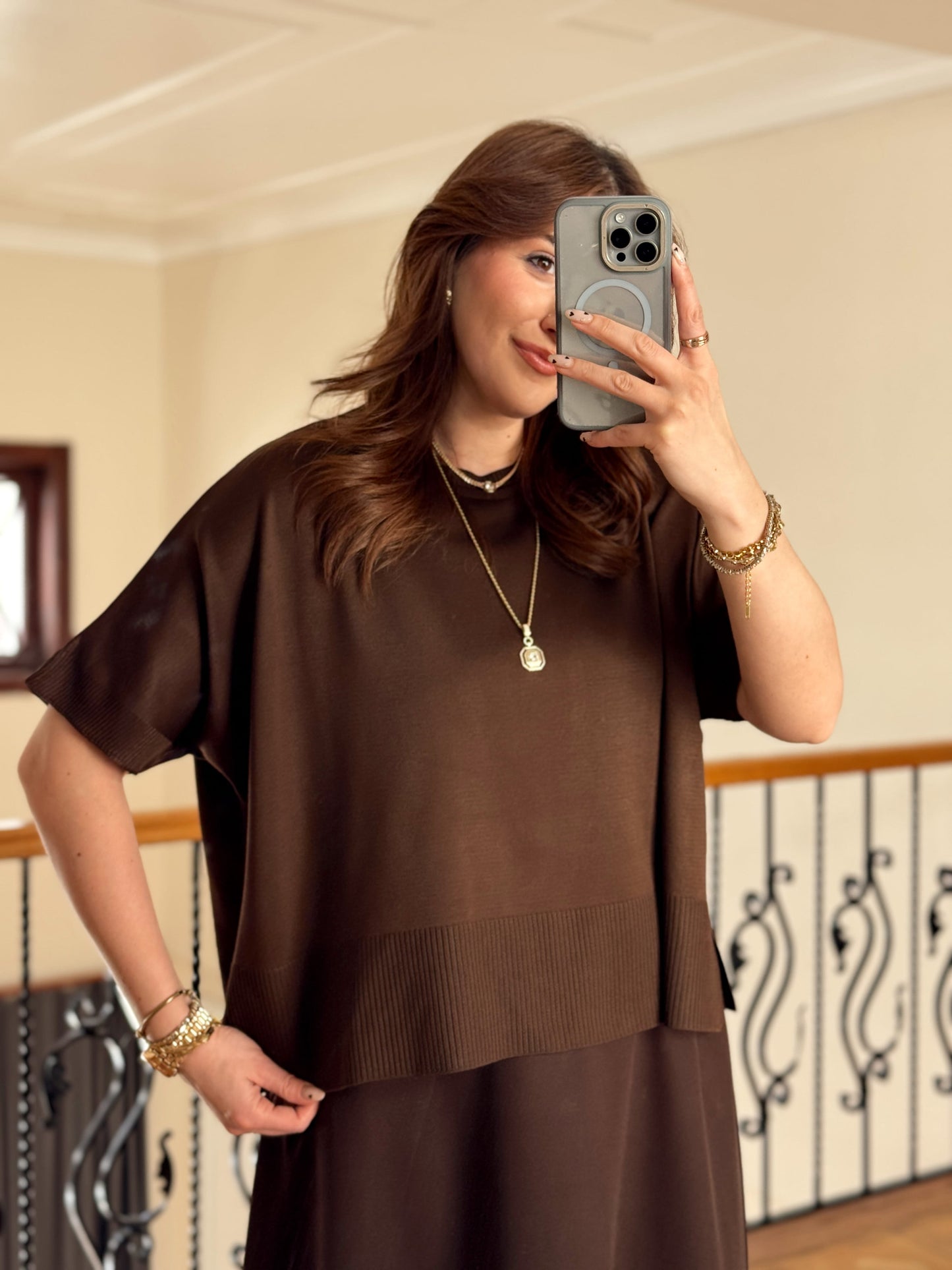 Kısa Kollu Oversize Triko Kazak-ACI KAHVE