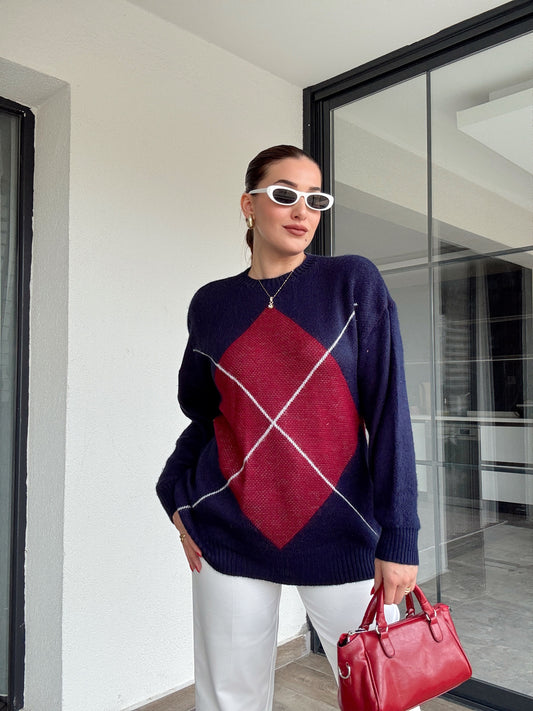 Klasik baklava desenli kazak LACİVERT