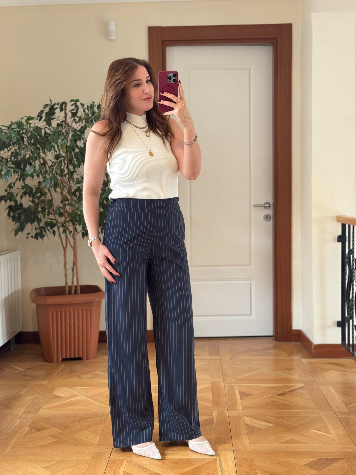 Beli lastikli çizgili pantolon-LACİVERT