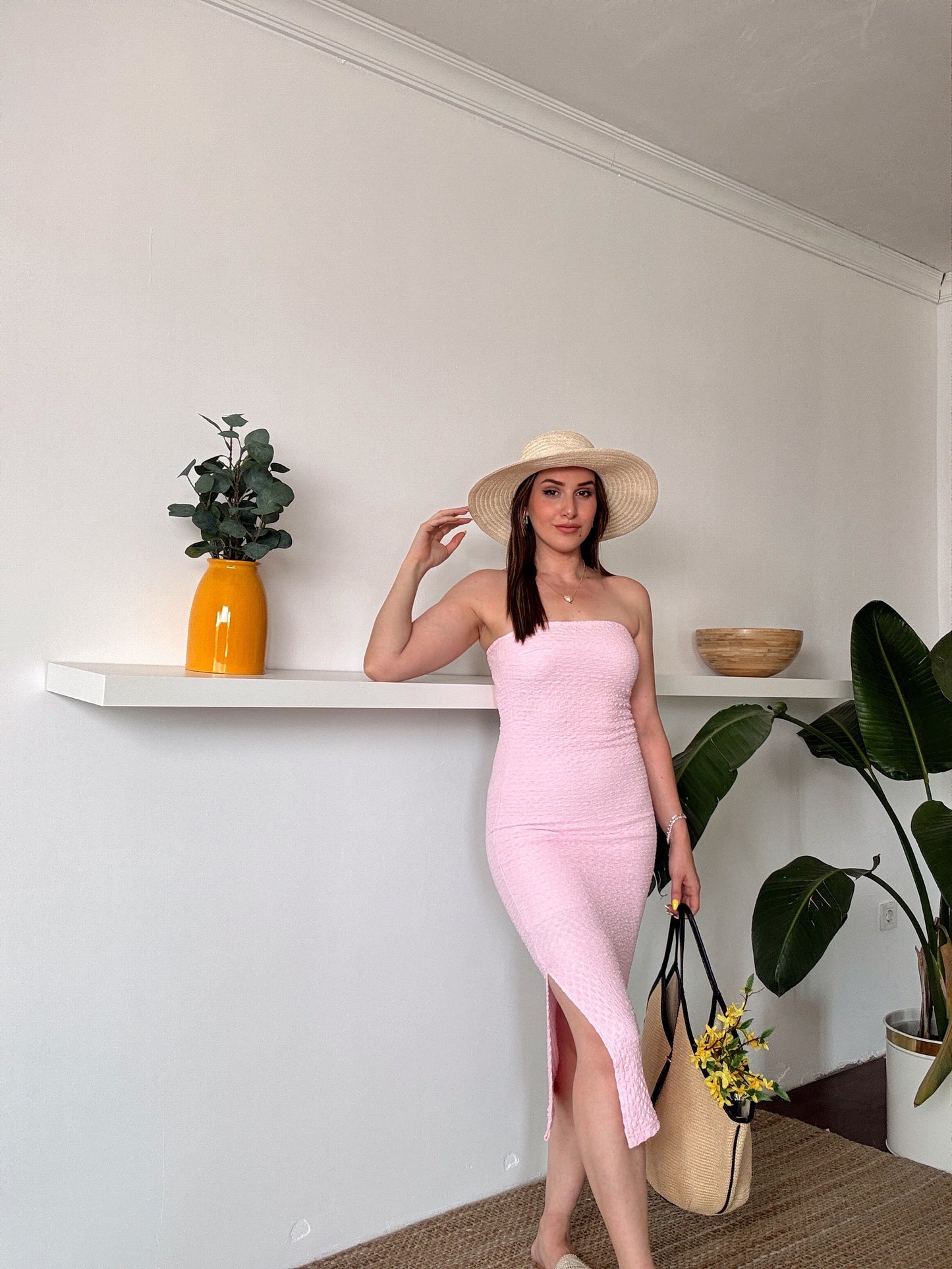 BEYDA straplez yırtmaçlı astarlı elbise PEMBE