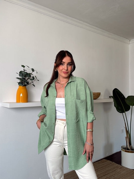Çift Cep Double Kol Keten Gömlek YEŞİL