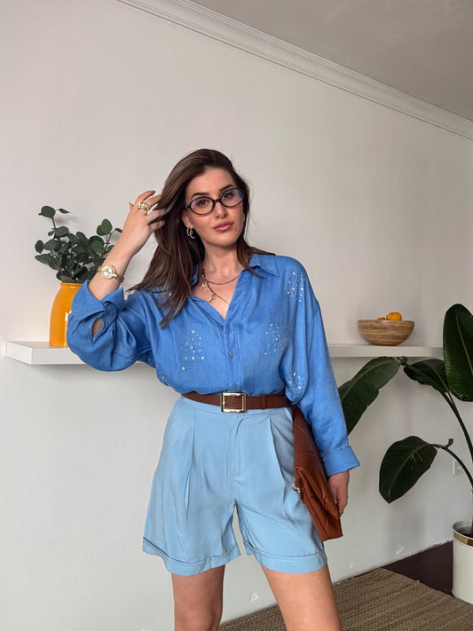 DİANA taş detaylı KETEN gömlek MAVİ