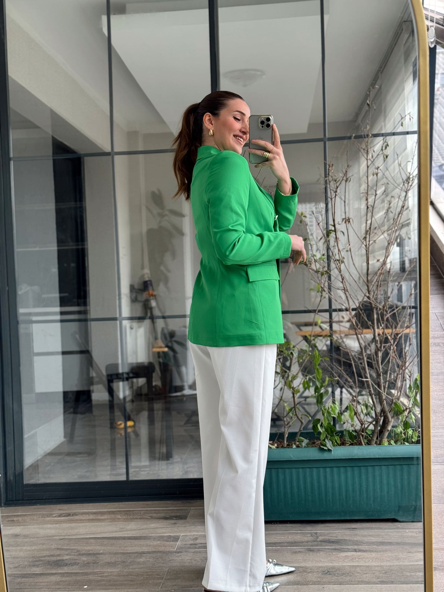 Gold Düğme Blazer Ceket - YEŞİL