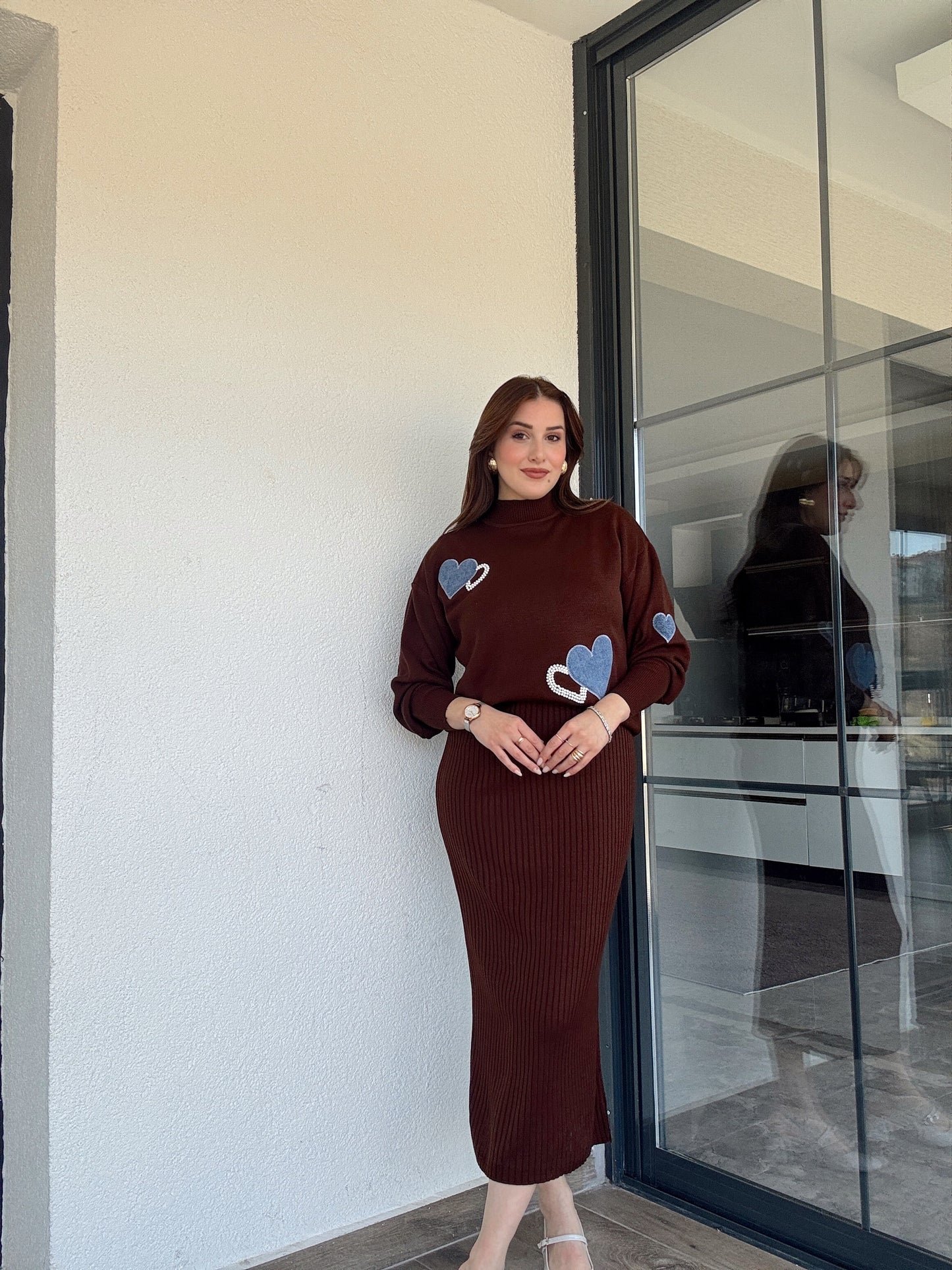 Kalpli kot garnili Jile triko takım Kahve