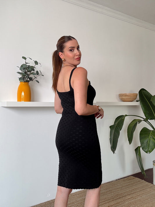 Petek desen triko elbise SİYAH