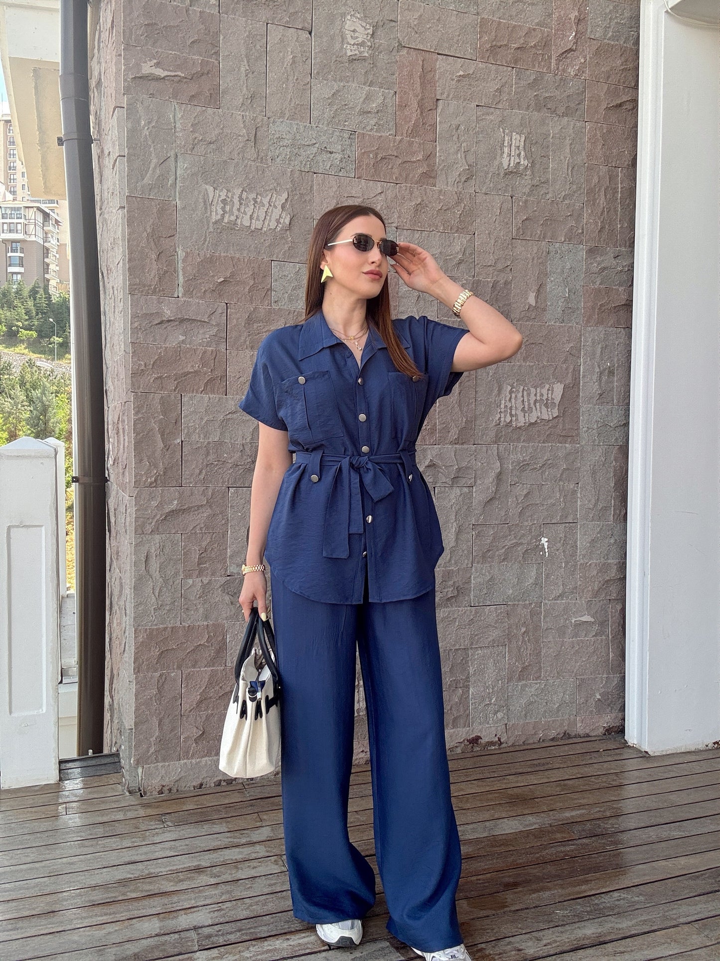 Kuşak detaylı İkili Takım Lacivert