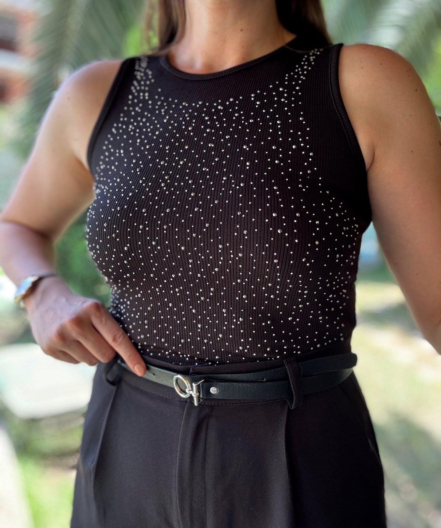 Önü Taşlı Atlet - SİYAH