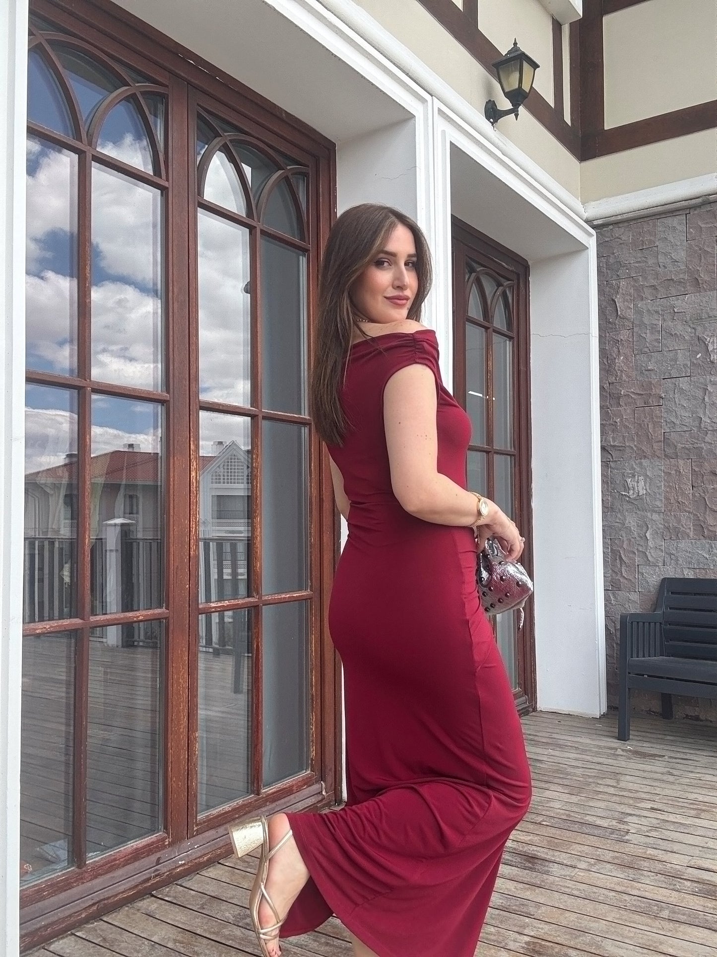 Düşük Omuz Yan Bağlama Elbise Bordo