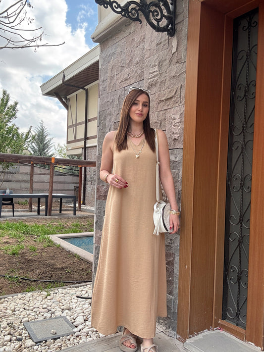 Kalın askılı keten elbise CAMEL
