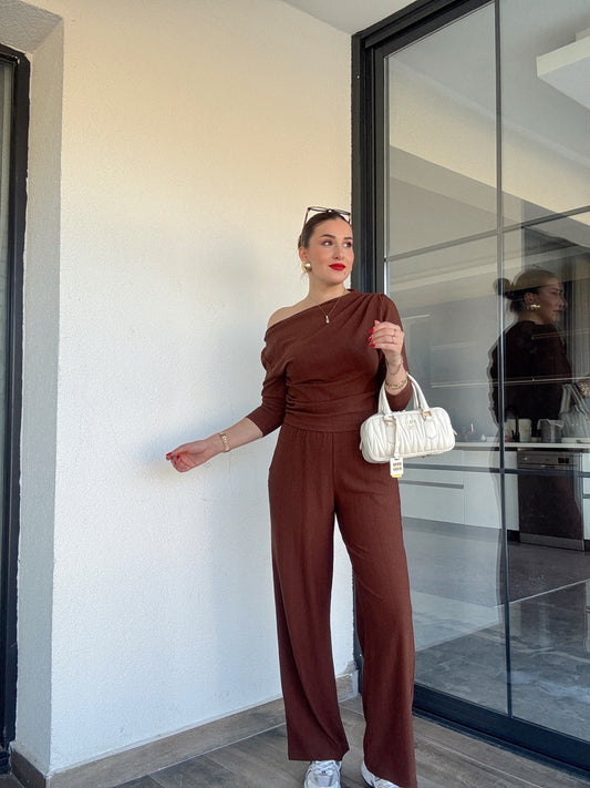 Ağaç kabuğu desenli 2 parça takım KAHVERENGİ