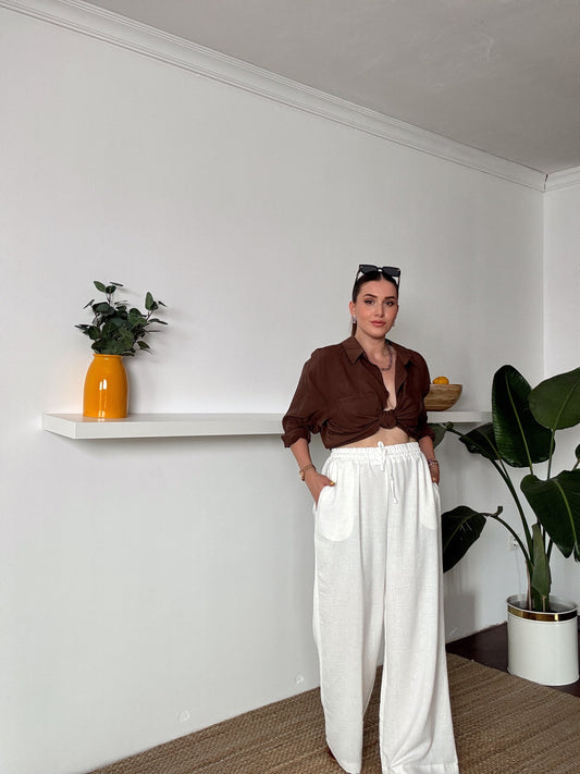 Bel lastikli bol paça keten pantolon BEYAZ