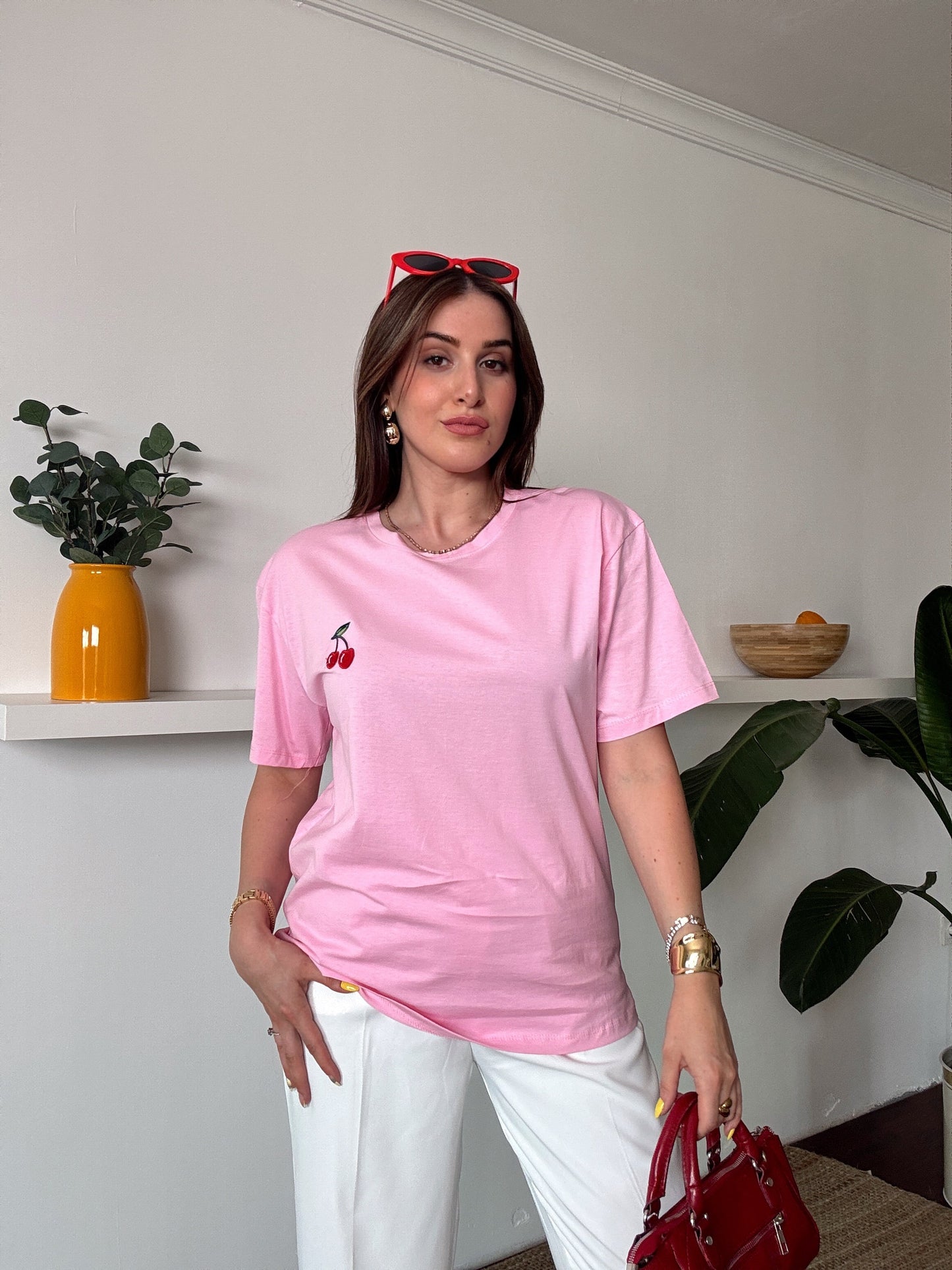 Kiraz nakış detaylı tişört PEMBE