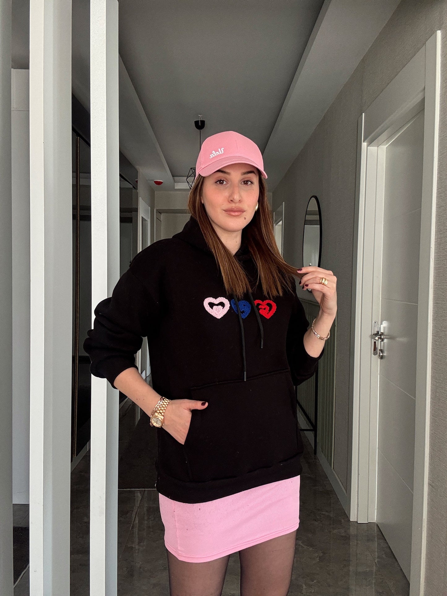 Kalp İşleme Kapüşonlu 3 İplik Sweatshirt - SİYAH