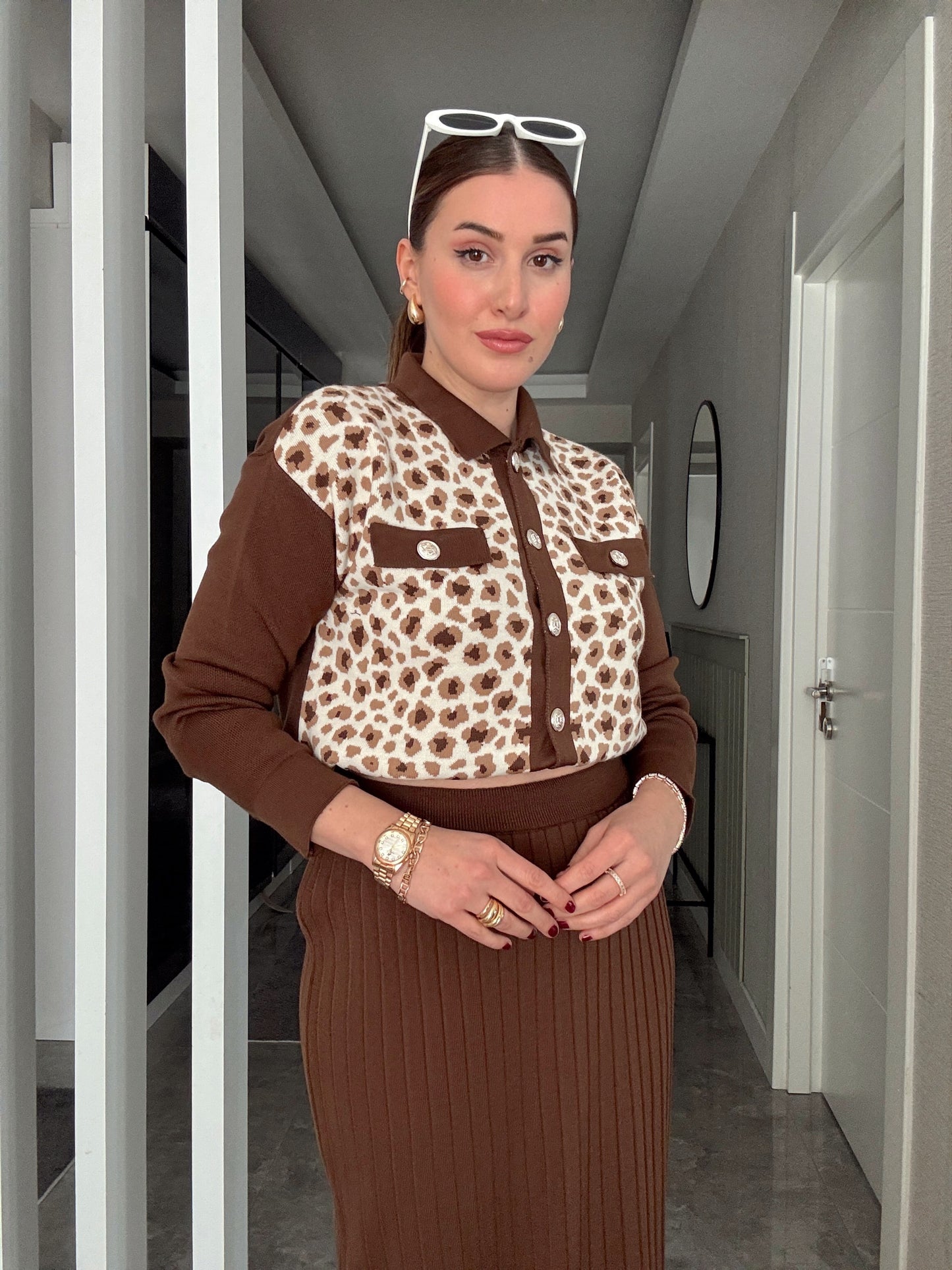 Leopar Desen Etekli Takım - KAHVERENGİ