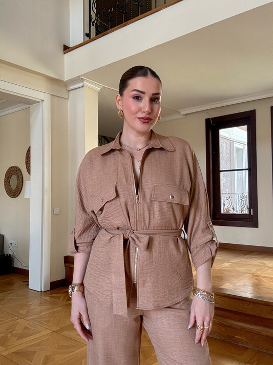 Kuşaklı Keten Takım Camel