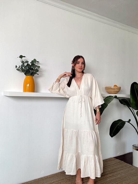 V dekolte detay yarasa müslin elbise BEJ