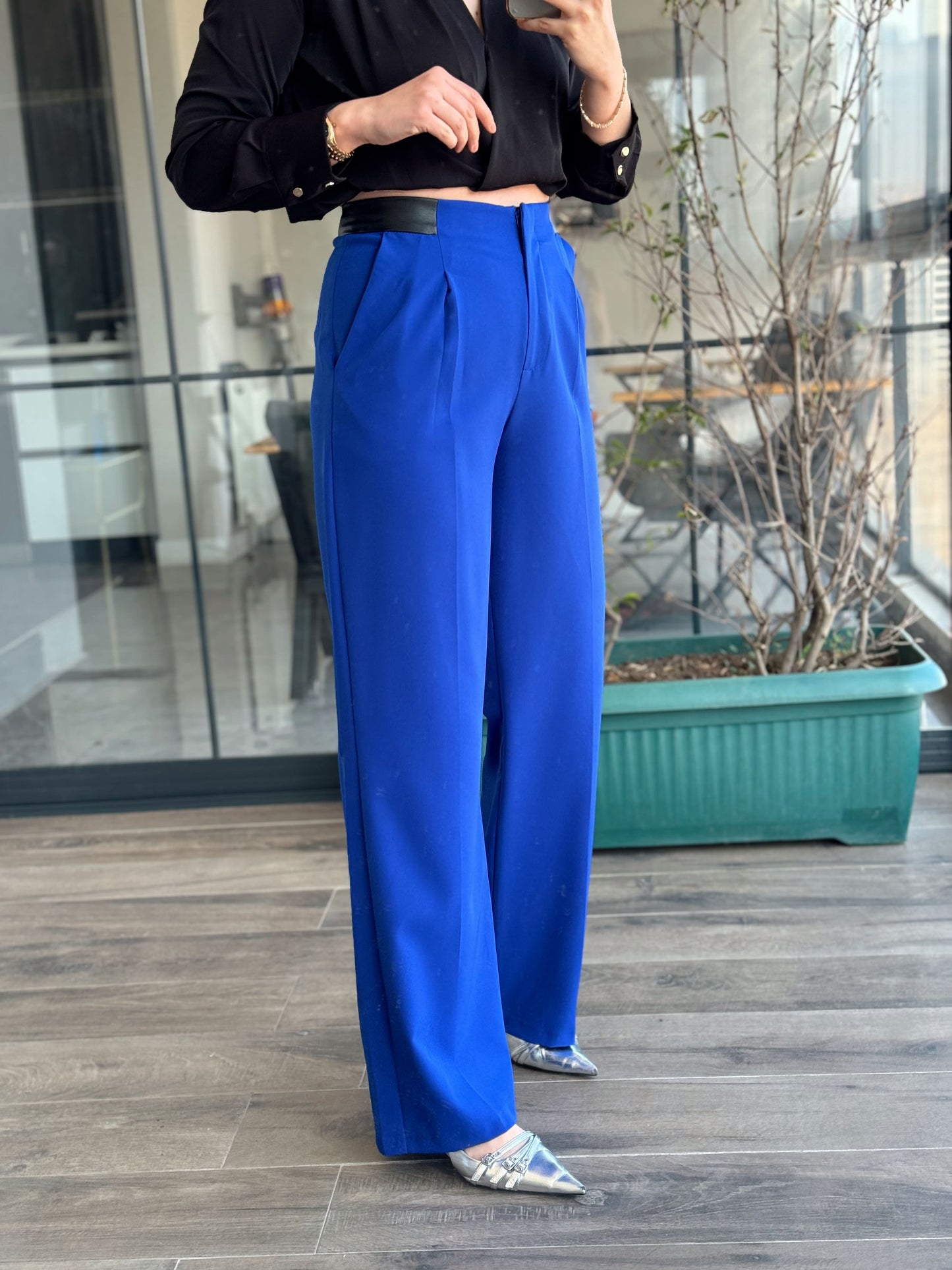 Deri Garnlili Milano Pantolon - SAKS MAVİ