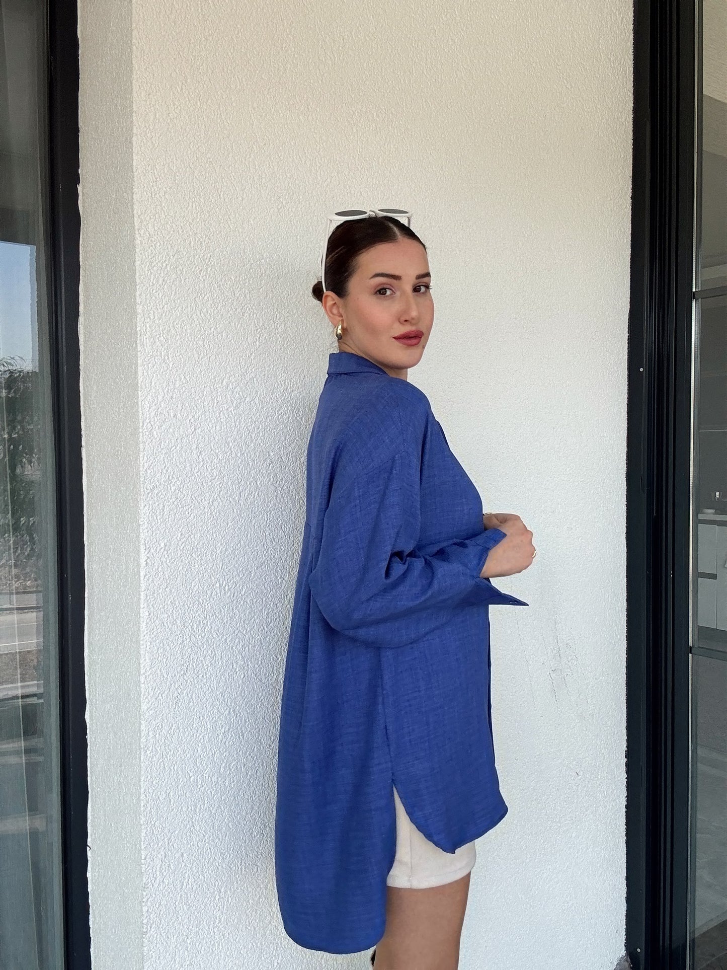 Arka Çift Pens Oversize Keten Gömlek SAKS MAVİ