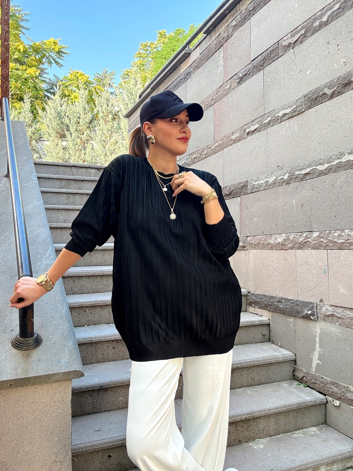 Şerit detaylı oversize premium kazak Siyah