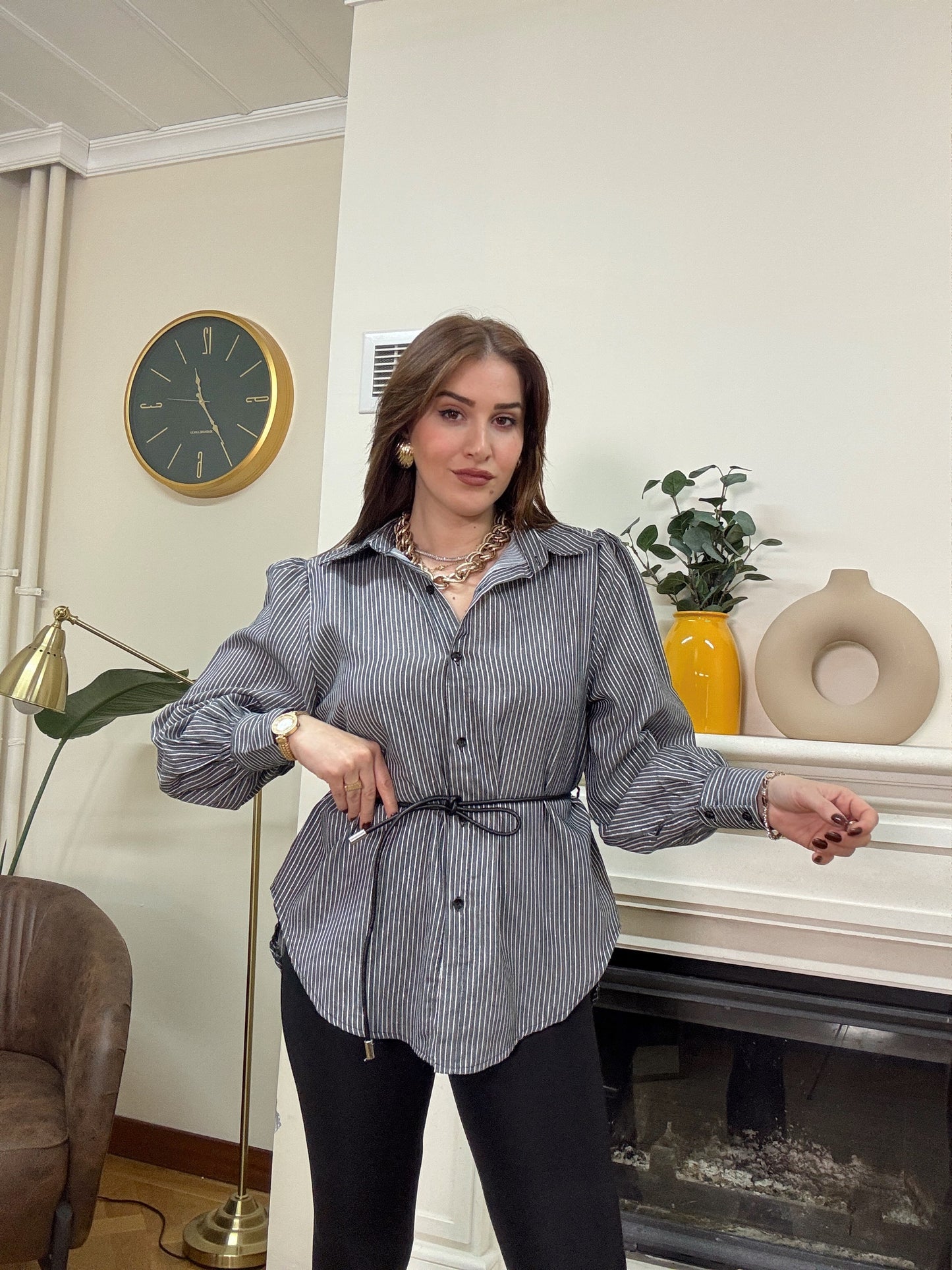 Simli kemerli çizgili gömlek SİYAH