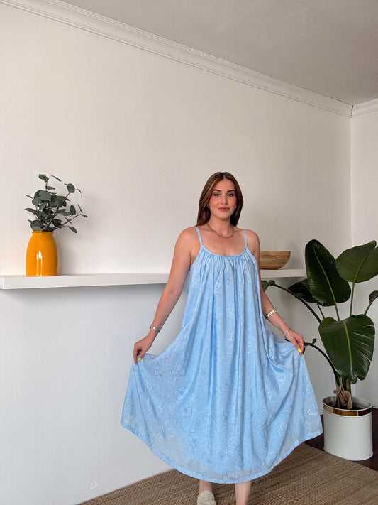 Askılı Astarlı Premium kumaş salaş elbise Mavi